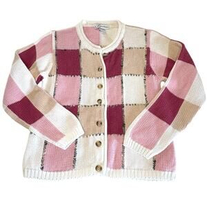 Vintage Dressbarn Patchwork Cardigan Sweater Women's S | White Pink  1990s